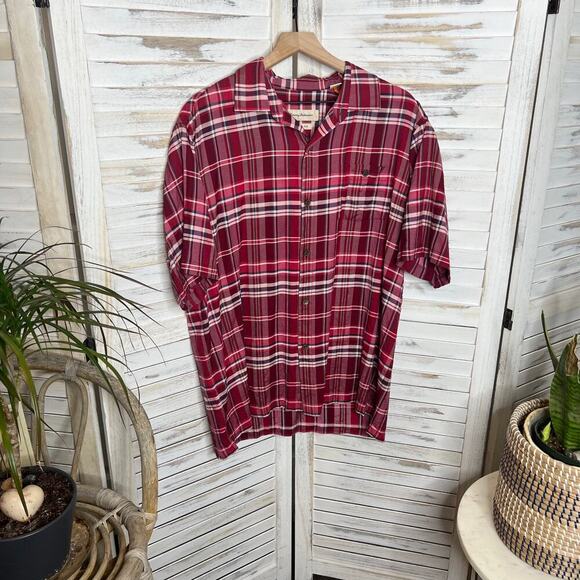 TOMMY BAHAMA Men's L Silk Red Plaid Button Front Casual Shirt Short Sleeve - Picture 3 of 12